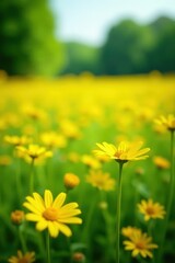Obraz premium Field of yellow daisies with blurred green trees and sky, wildflowers, nature, meadow