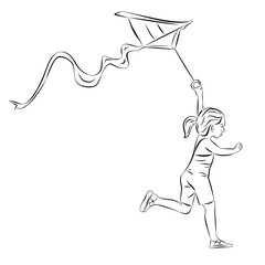 isolated illustration of child flying a kite. black and white vector drawing. white background