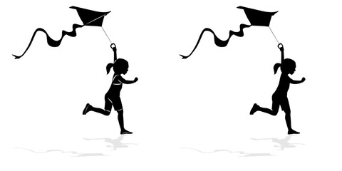 isolated illustration of child flying a kite. black and white vector drawing. white background