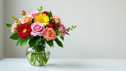 Fototapeta premium Fresh floral arrangement with vibrant mixed blooms and lush greenery in a delicate glass vase , greenery, vase, arrangement