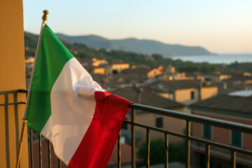 Italian flag on balcony overlooking scenic coastal town at sunset. Patriotism and beautiful view in Italy. Travel and lifestyle concept. Republic day in Italy, June 2. Copy space for text.