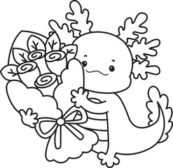 Outline of Illustration of cute axolotl activities icon.
Lineart of Funny pink axolotl in daily routine stickers.

