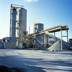 Obraz premium Industrial facility for processing materials with silos and conveyor systems at a construction site