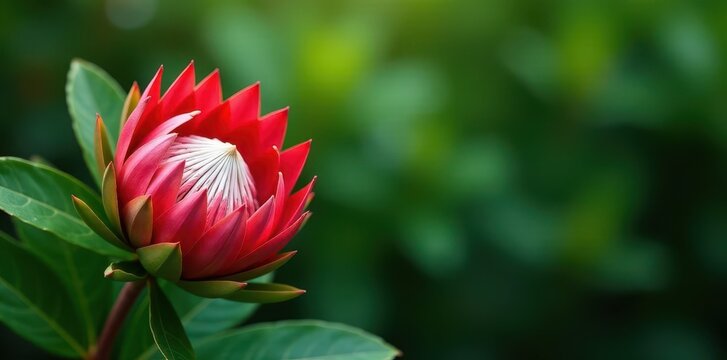 Madiba Protea blooms on a lush, verdant background amidst leafy greens and stems, greenery, madiba protea, plant life