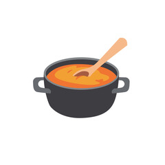 Cooking Pot with Hot Soup and Wooden Spoon Vector Illustration
