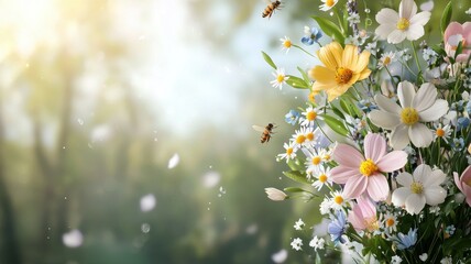 Vibrant Wildflowers with Bees in Sunny Meadow Background wildflowers bees sunny background vibrant