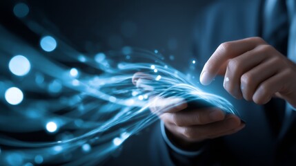 Man using a smartphone with data flow.