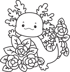 Outline of Illustration of cute axolotl activities icon.
Lineart of Funny pink axolotl in daily routine stickers.
