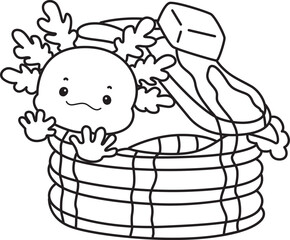 Outline of Illustration of cute axolotl activities icon.
Lineart of Funny pink axolotl in daily routine stickers.

