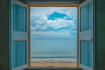 Panoramic View through an Open Window to the Serene Blue Sea and Cloudy Sky with a Touch of Summer Beach Vibes