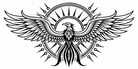 Majestic phoenix illustration in black and white featuring ornate wings and symbolic imagery