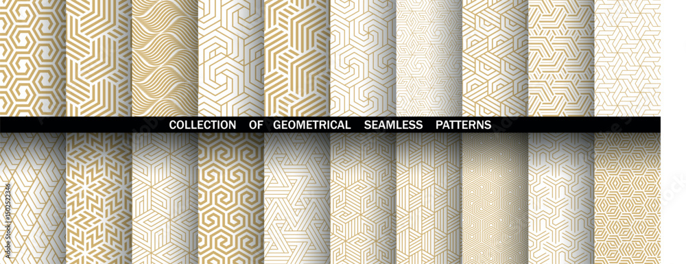 Fototapete Geometric set of seamless golden and white patterns. Simple vector graphics