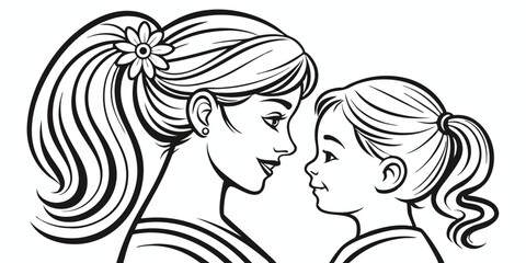 Loving mother and daughter in profile with ponytail flower hair decoration