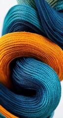 Close-up of tightly wound, textured fabric in shades of blue and orange