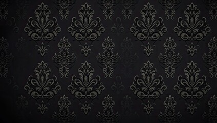 A repeating pattern of intricate, silver-grey floral designs on a black background