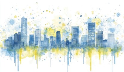 Abstract cityscape depiction.  Modern city skyline, rendered in shades of blue and yellow, with watercolor-style splashes