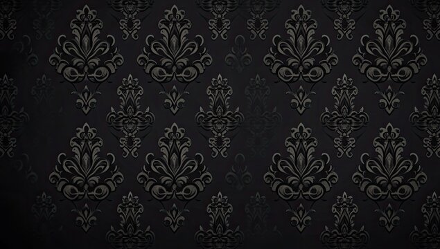 Fototapeta A repeating pattern of intricate, silver-grey floral designs on a black background