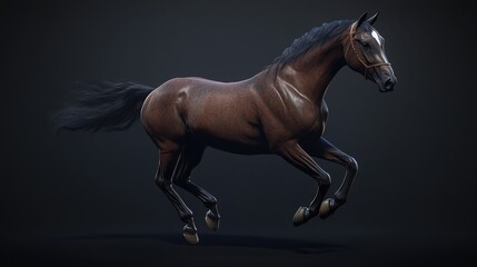 Fototapeta premium Dark horse running full speed, muscles rippling and mane trailing in side profile view