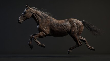 Dark horse running full speed, muscles rippling and mane trailing in side profile view