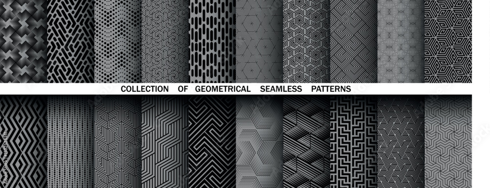 Poster Geometric set of seamless black and gray patterns. Simple vector graphics