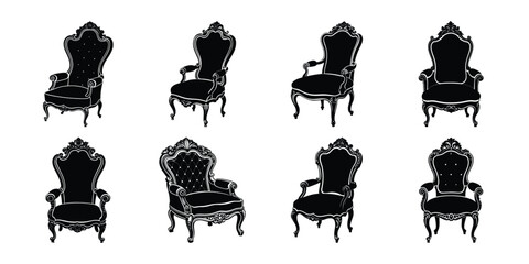 Elegant bergere chair silhouettes, furniture vector set on white background.