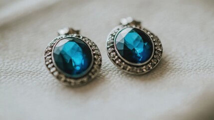 Oval gemstone earrings with silver trim placed next to each other on a white surface