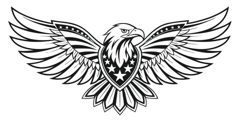 Powerful american eagle emblem with wings spread in black and white design