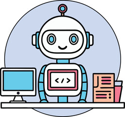 Naklejka premium Friendly Robot Programmer at Desk with Computer and Documents