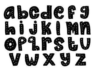 Cute set black hand drawn lowercase alphabet ABC letters font outline with striped road street vehicle tracing doodle crayon watercolour kids illustration transparent clipart poster nursery vector