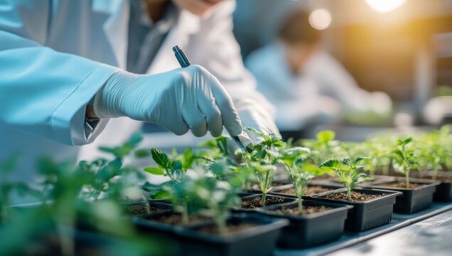 A scientist in a white lab coat and gloves is studying small plants growing in rectangular containers of different sizes, inside an indoor farm with soft lighting
