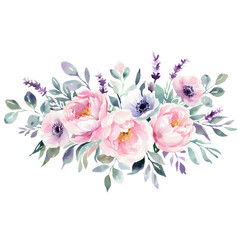 Fototapeta premium Pastel Watercolor Floral Arrangement with Peonies and Anemones