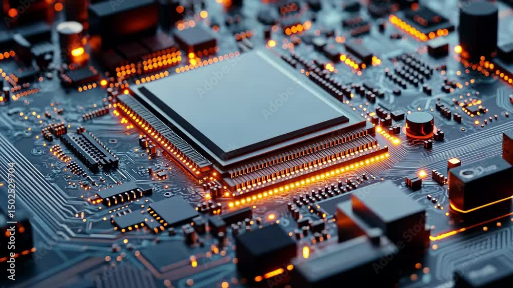 Poster advanced gpu ram microchip showcased on a sophisticated circuit board highlighting cutting-edge tech