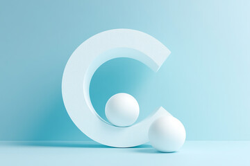 Letter C with three white spheres inside, minimalist design, light blue background