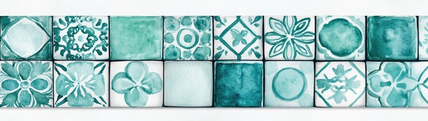 A row of turquoise and white square tiles with various floral and geometric patterns
