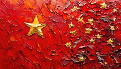 A close-up of a red canvas painted with thick strokes of oil paint, depicting a flag with a large gold star and several smaller stars arranged in a diagonal line