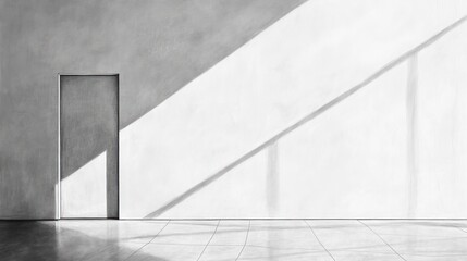 Minimalist grayscale image of a closed door in a sunlit room.