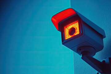 A security camera mounted on a wall, pointed directly at the viewer. The camera has a red LED light on the front, illuminating the scene. The background is a blurred blue wall