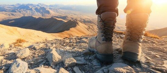 A pair of hiking boots stand on a rocky mountain peak overlooking a vast valley at sunset