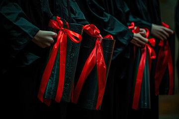 Graduates in black robes hold diplomas tied with red ribbons