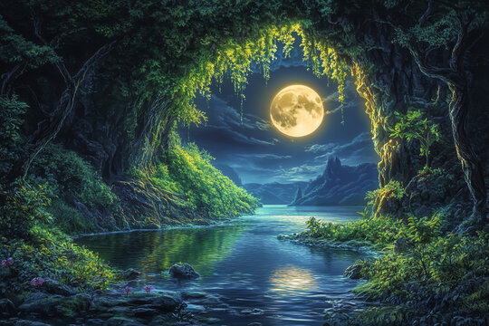 On a beautiful moonlit night, the full harvest moon is reflected in an ancient underground cave with water and greenery on one side of it