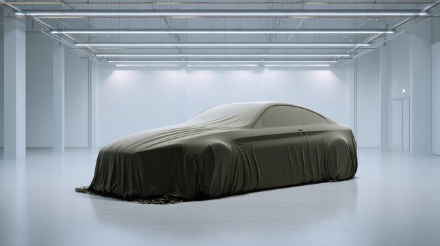 Modern car shrouded in a dark cloth in a white spacious warehouse