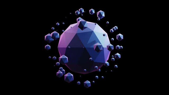 3D geometric polygons rotating in space against dark background