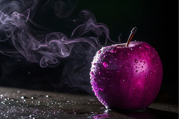 A shiny, reflective purple apple with wisps of steam