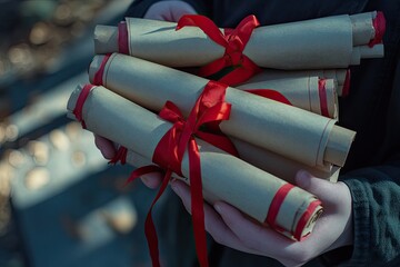 A person holding a stack of rolled-up paper scrolls tied with red ribbon
