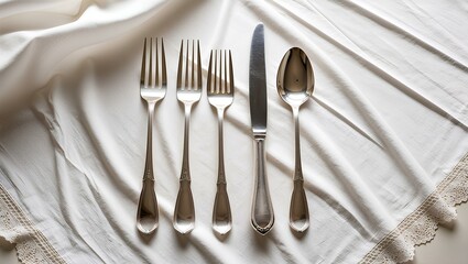 A pristine set of silver flatware arranged neatly on a white linen tablecloth