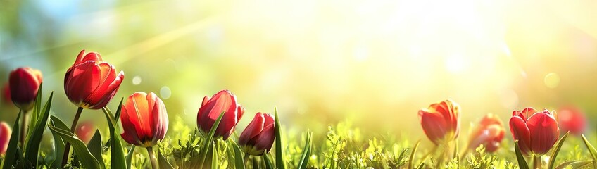 Red tulips bloom in a sun-drenched meadow