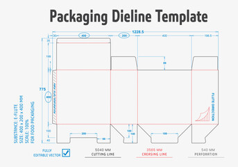 Title: Packaging Dieline Template. 2D Technical Drawing File Eps Scale. Fully editable vector. Prepared for production