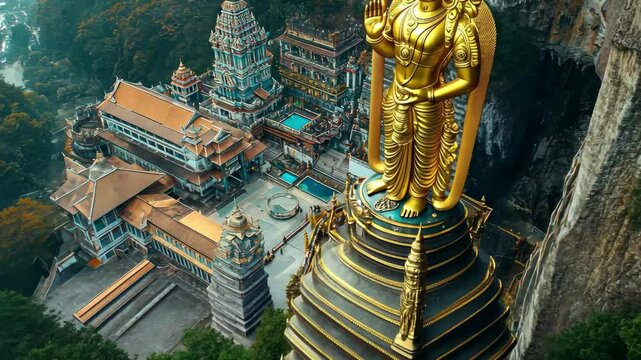 Batu Caves aerial view showcasing the majestic gold statue of Murugan in Malaysia, Aerial view of Batu Caves And Gold statue Of Murugan In Kuala Lumpur, Malaysia