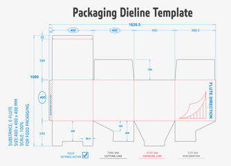 Title: Packaging Dieline Template. 2D Technical Drawing File Eps Scale. Fully editable vector. Prepared for production