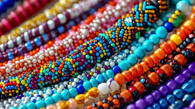 Colorful close up of intricate beaded jewelry showcasing vibrant patterns and textures, Closeup of colorful beaded jewelry with intricate design